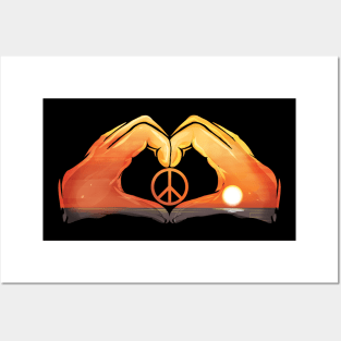 Two hands forming heart in sundowm at ocean peace Posters and Art